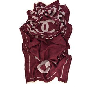 CHANEL: Burgundy, "CC" Logo Cashmere/Silk Scarf mw